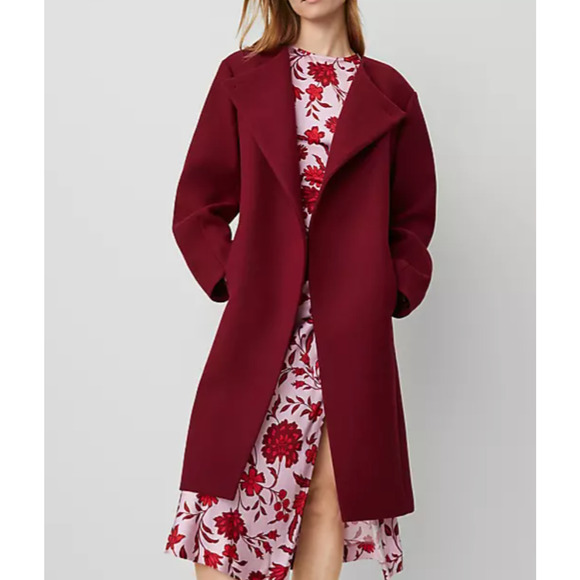 Ann Taylor NWOT Tie Waist Coat Wool Deep Red Wine Burgundy XXL - Picture 3 of 6